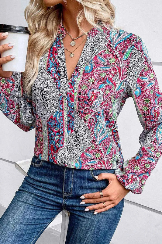 Printed Notched Long Sleeve Shirt