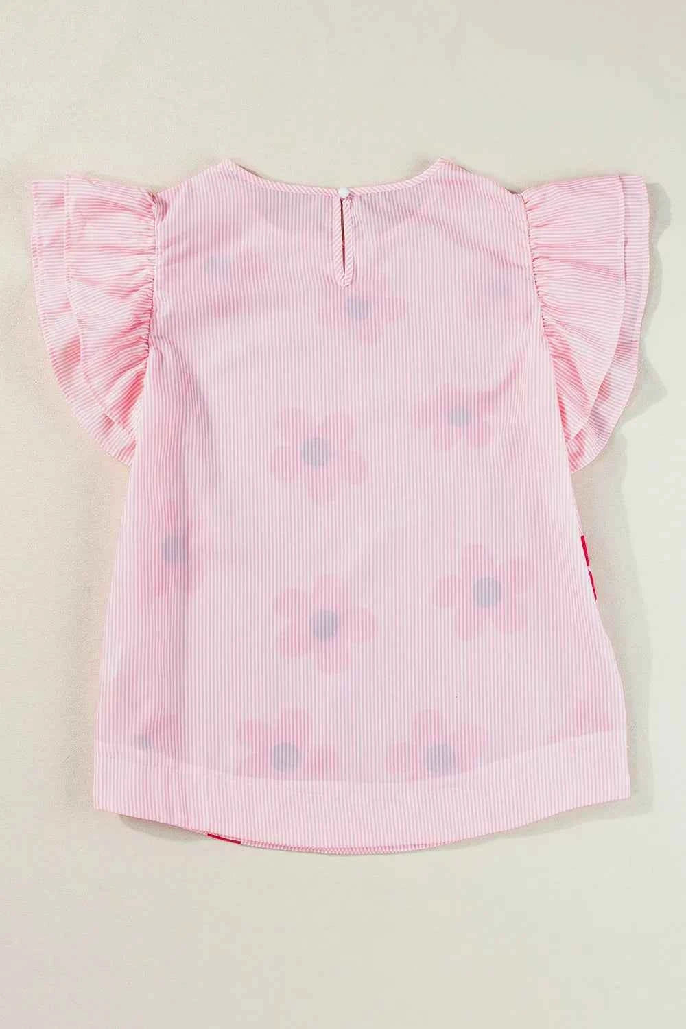 Ruffled Flower Printed Round Neck Cap Sleeve Blouse