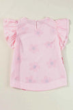 Ruffled Flower Printed Round Neck Cap Sleeve Blouse