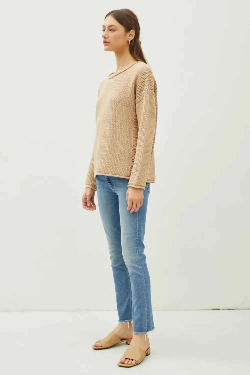 Be Cool Rolled Openwork Round Neck Sweater