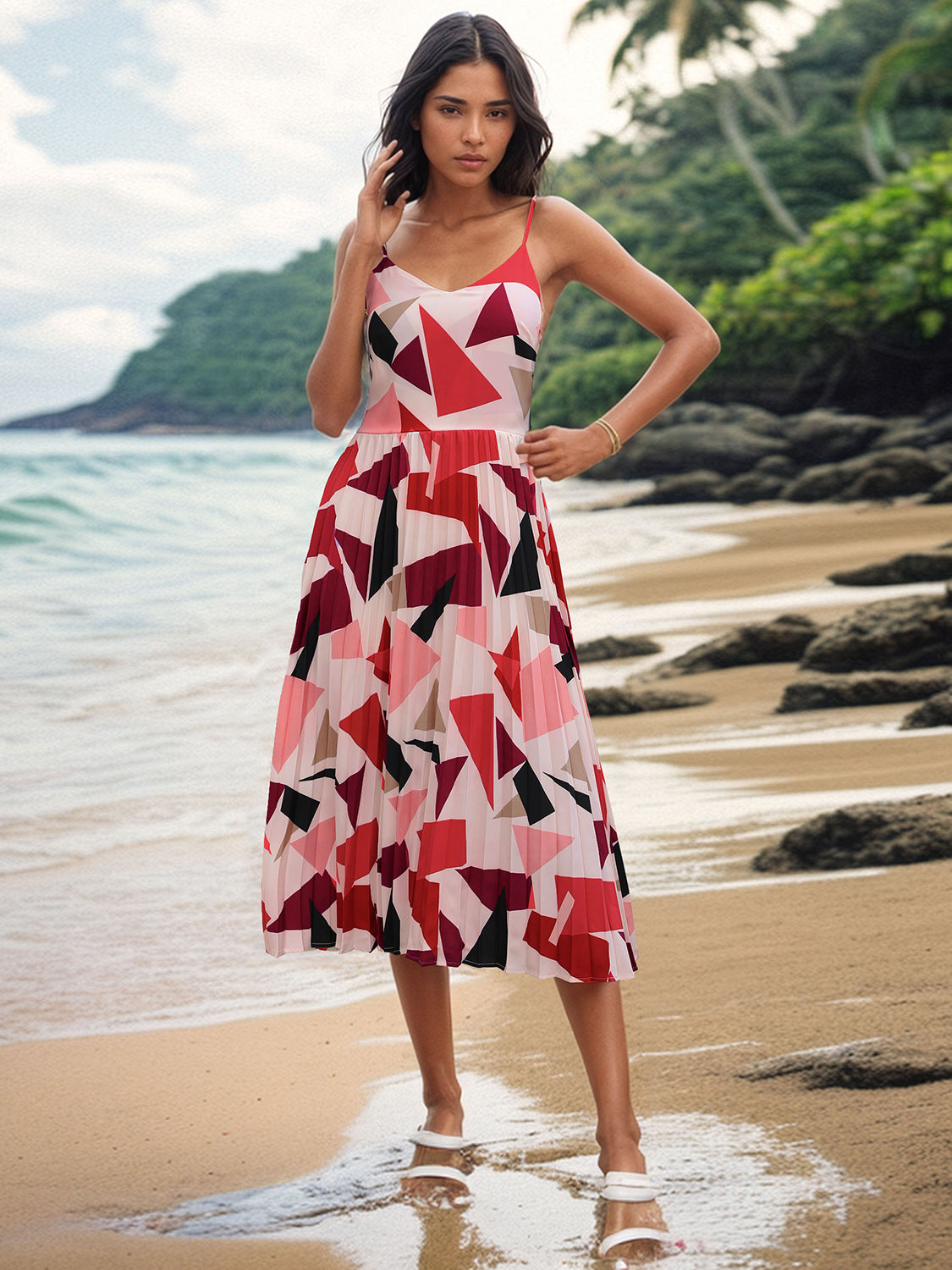 Perfee Pleated Geometric Spaghetti Strap Dress