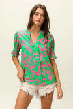 BiBi Smocked Cuff Floral Contrast Top