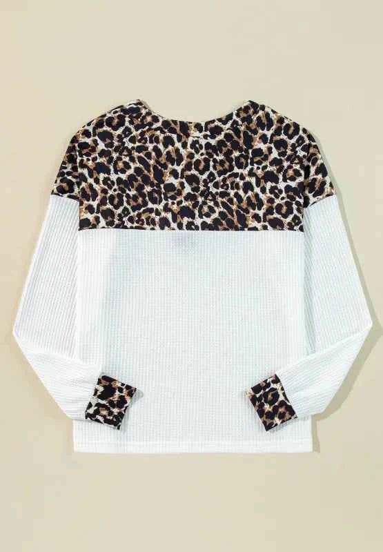 Waffle-Knit Leopard V-Neck Long Sleeve Blouse