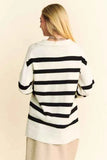 Davi & Dani High-Low Side Slit Striped Johnny Collar Sweater