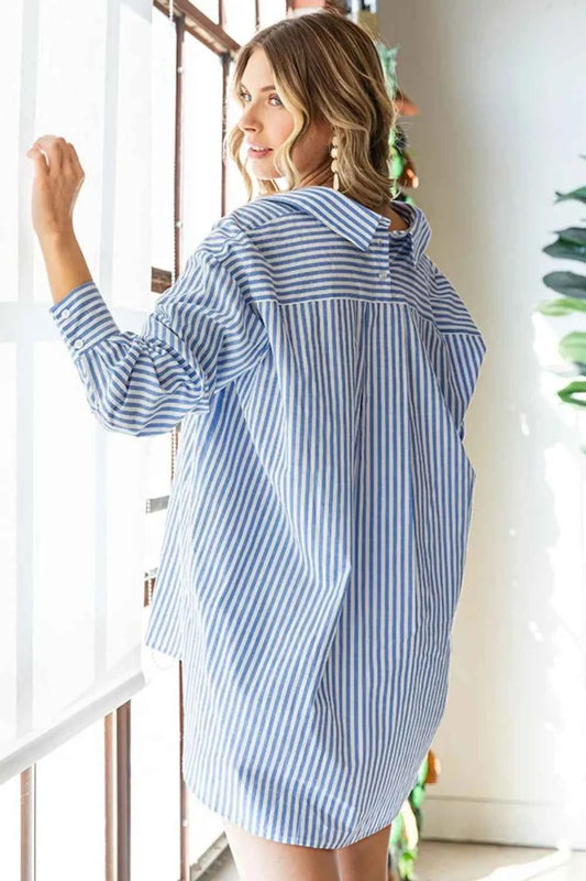 First Love Striped Button Down High-Low Hem Shirt