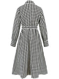 Tied Houndstooth Long Sleeve Midi Dress