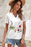 Shiny Floral Graphic Scalloped V-Neck Top