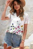 Shiny Floral Graphic Scalloped V-Neck Top