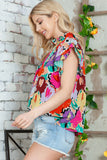 Multicolored Flutter Sleeve Mock Neck Blouse