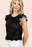 Mittoshop Openwork Contrast Trim Ruffled Cap Sleeve Knit Top