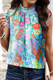 Ruffled Printed Mock Neck Cap Sleeve Blouse
