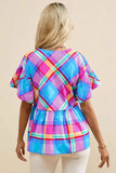 Plaid V-Neck Short Sleeve Blouse