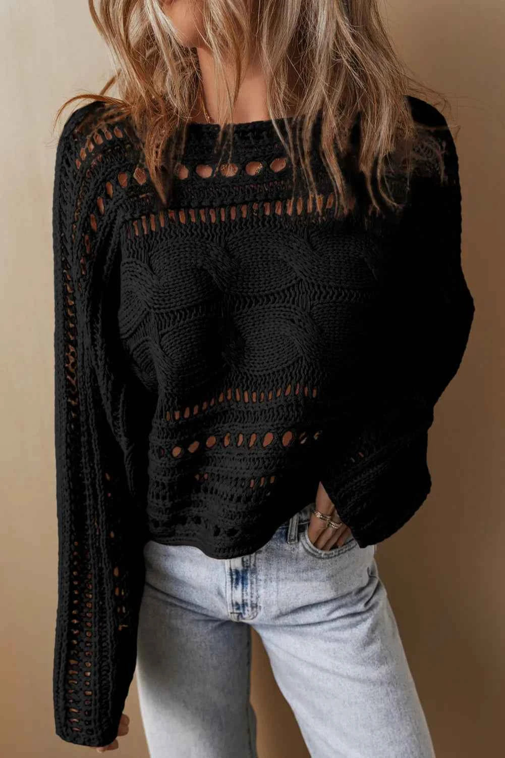 Cable-Knit Openwork Long Sleeve Sweater