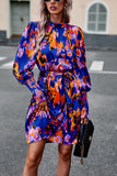 Devine Printed Tie Waist Mock Neck Lantern Sleeve Dress