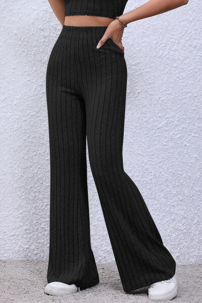 Basic Bae Full Size Ribbed High Waist Flare Pants elegancydose