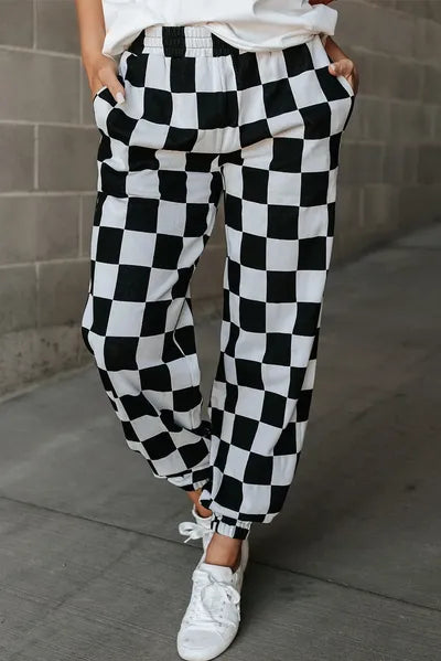 Checkered Elastic Waist Joggers elegancydose