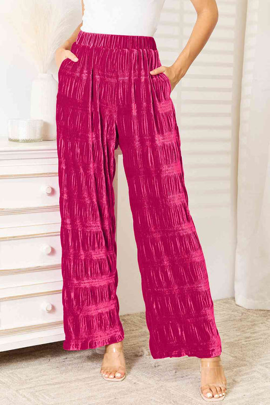 Double Take Full Size High Waist Tiered Shirring Velvet Wide Leg Pants elegancydose