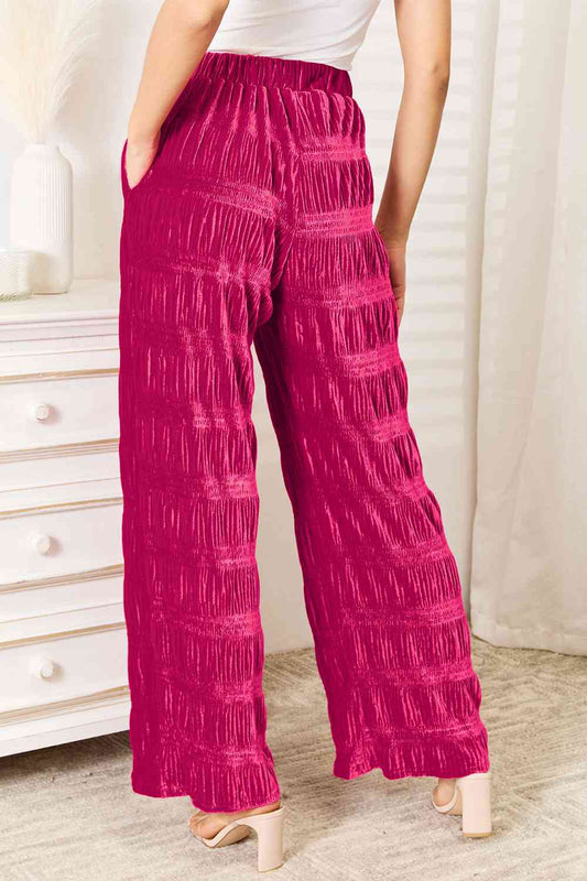 Double Take Full Size High Waist Tiered Shirring Velvet Wide Leg Pants elegancydose