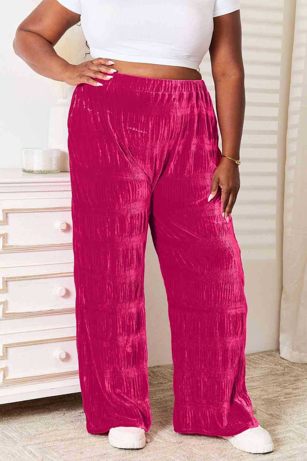 Double Take Full Size High Waist Tiered Shirring Velvet Wide Leg Pants elegancydose