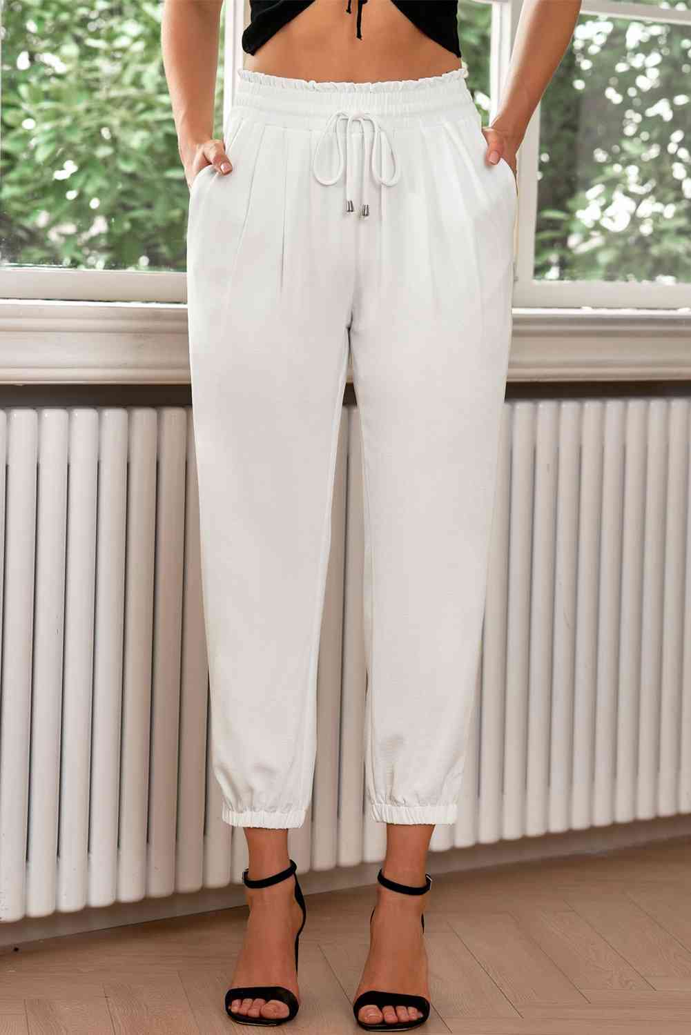 Drawstring Paperbag Waist Cropped Joggers elegancydose