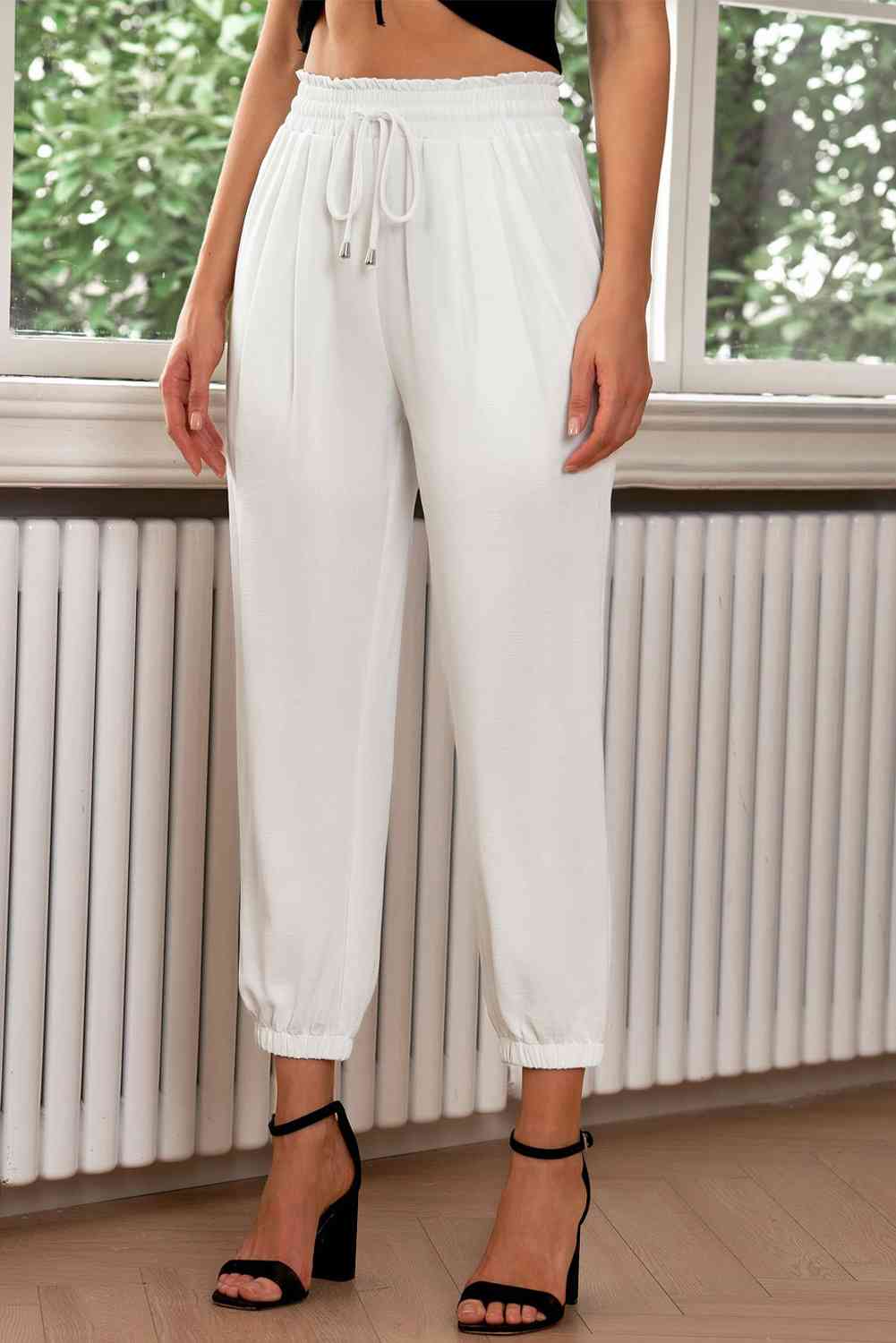 Drawstring Paperbag Waist Cropped Joggers elegancydose