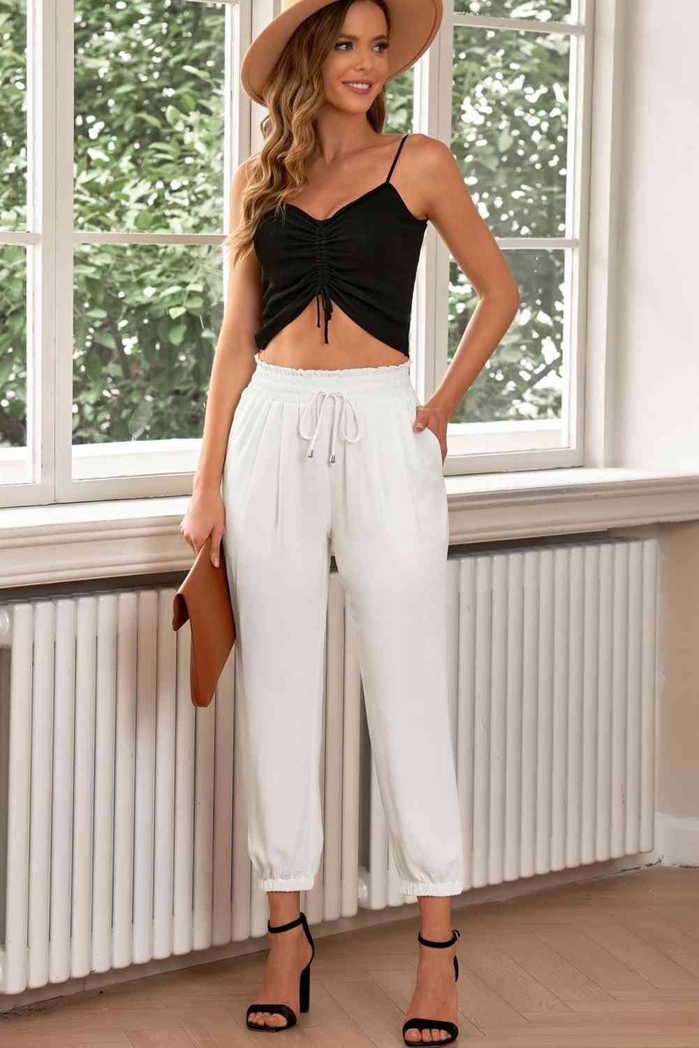Drawstring Paperbag Waist Cropped Joggers elegancydose