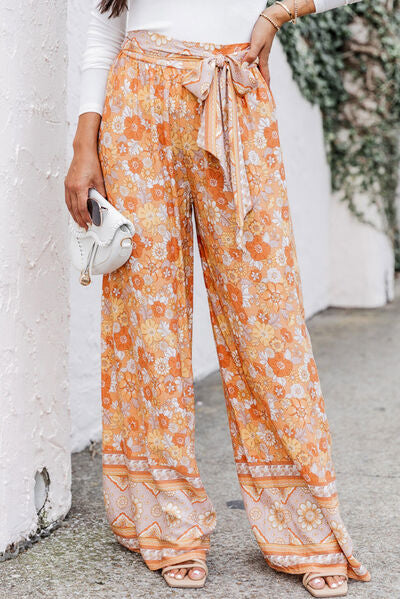 Floral Tie Front Wide Leg Pants elegancydose