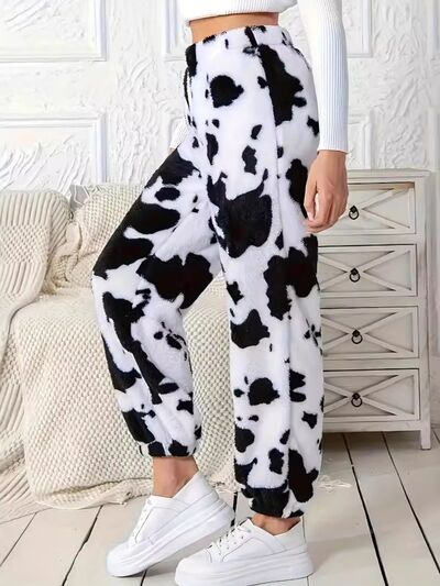 Fuzzy Cow Print Elastic Waist Pants elegancydose