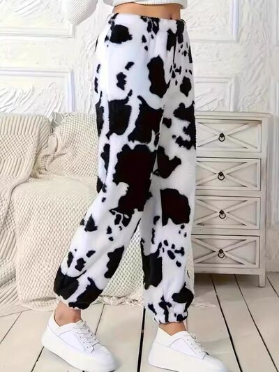 Fuzzy Cow Print Elastic Waist Pants elegancydose