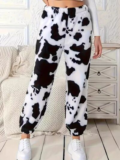Fuzzy Cow Print Elastic Waist Pants elegancydose