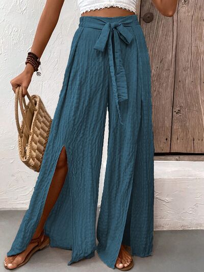 Honey Tied Slit Wide Leg Pants elegancydose