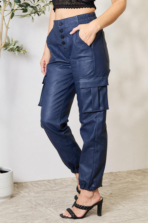 Kancan High Waist Faux Leather Cargo Joggers elegancydose