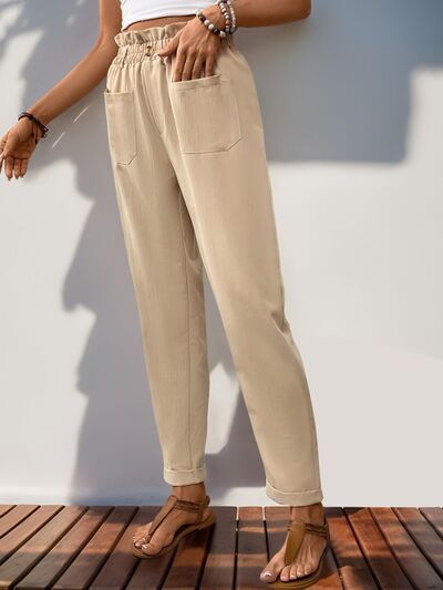 Perfee Frill High Waist Pants with Pockets elegancydose
