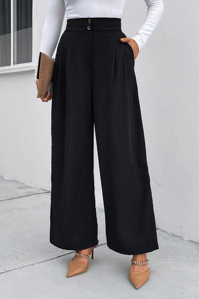 Perfee High Waist Ruched Pocketed Wide Leg Pants elegancydose