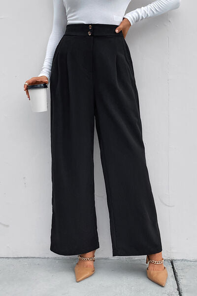 Perfee High Waist Ruched Pocketed Wide Leg Pants elegancydose