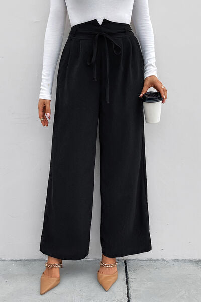 Perfee High Waist Ruched Tie Front Wide Leg Pants elegancydose