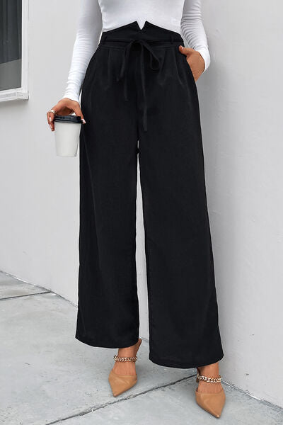 Perfee High Waist Ruched Tie Front Wide Leg Pants elegancydose