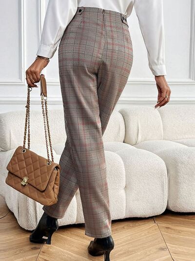 Perfee Plaid Straight Pants with Pockets elegancydose