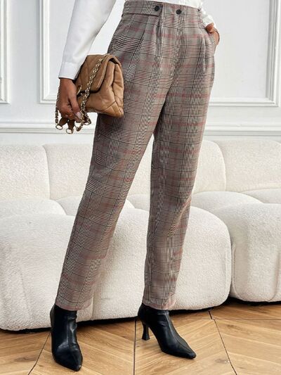 Perfee Plaid Straight Pants with Pockets elegancydose