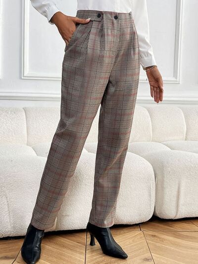 Perfee Plaid Straight Pants with Pockets elegancydose