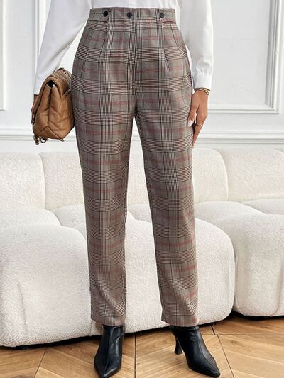 Perfee Plaid Straight Pants with Pockets elegancydose