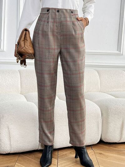 Perfee Plaid Straight Pants with Pockets elegancydose