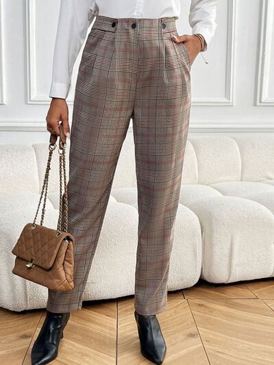 Perfee Plaid Straight Pants with Pockets elegancydose