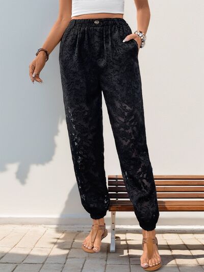 Perfee Pocketed Lace Elastic Waist Pants elegancydose