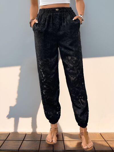 Perfee Pocketed Lace Elastic Waist Pants elegancydose