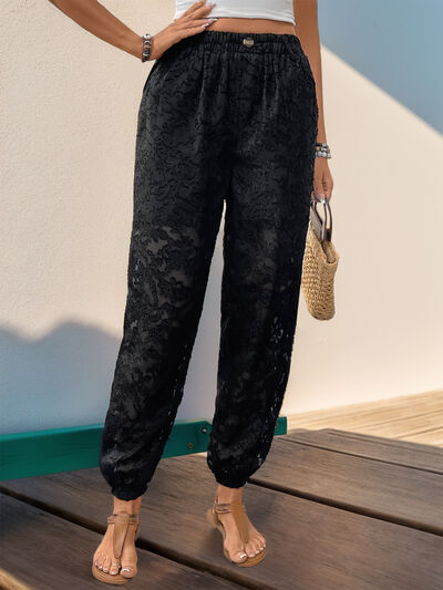 Perfee Pocketed Lace Elastic Waist Pants elegancydose