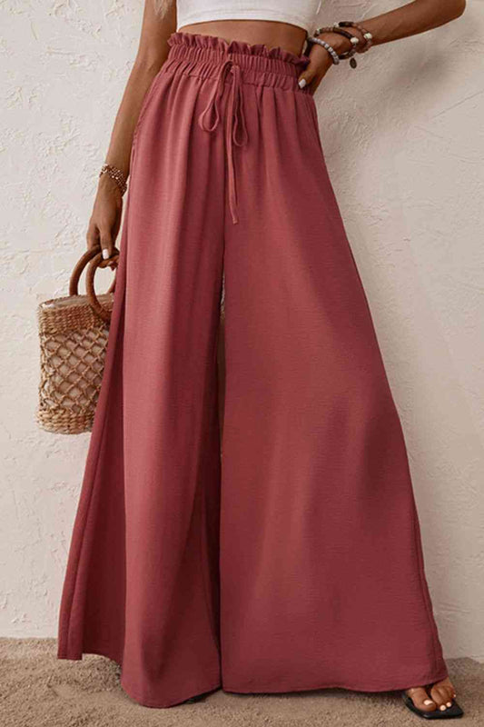 Perfee Smocked Paperbag Waist Wide Leg Pants elegancydose