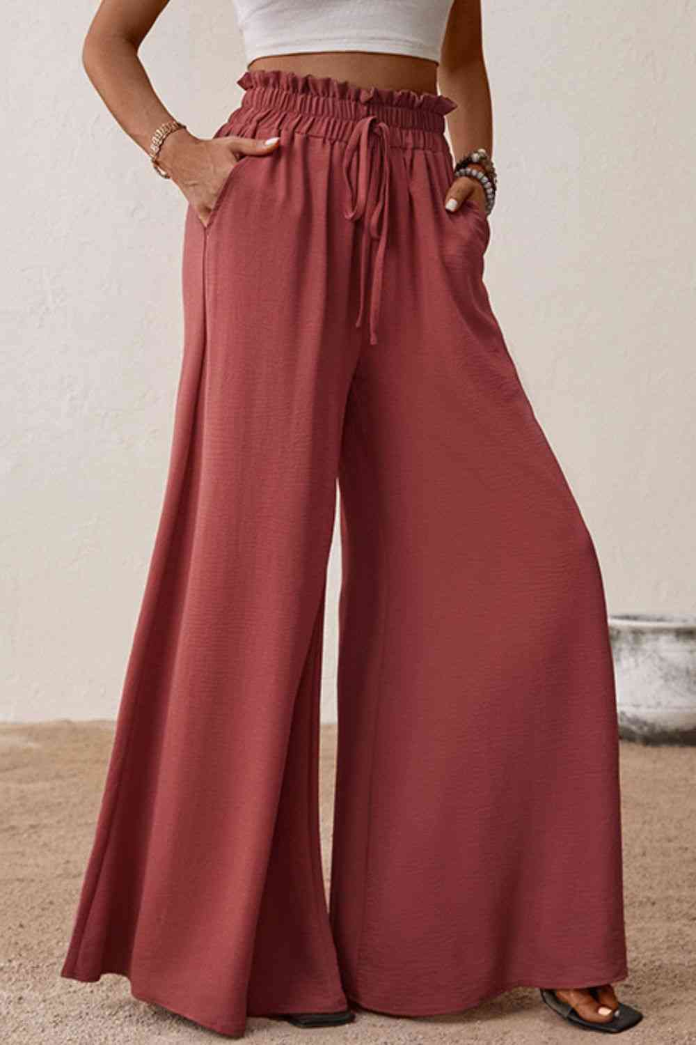 Perfee Smocked Paperbag Waist Wide Leg Pants elegancydose