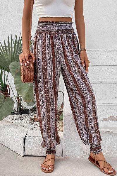 Perfee Smocked Printed High Waist Pants elegancydose