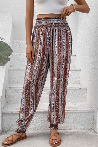 Perfee Smocked Printed High Waist Pants elegancydose